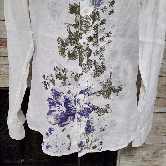 Elie Tahar white green purple floral linen women's button down shirt size medium - Picture 3 of 8